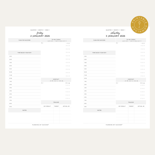 PRINTABLE Planning my Success in 2026 - Inserts Pack (Day on One Page)