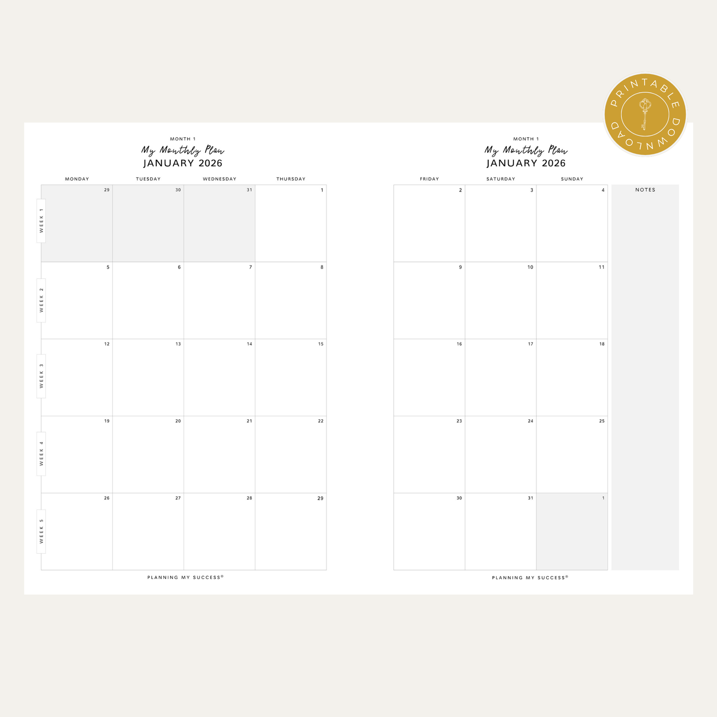 PRINTABLE Planning my Success in 2026 - Inserts Pack (Day on One Page)