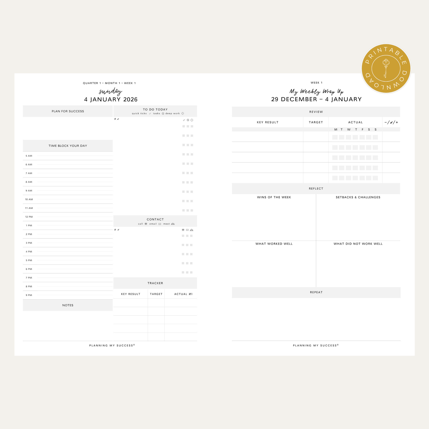 PRINTABLE Planning my Success in 2026 - Inserts Pack (Day on One Page)