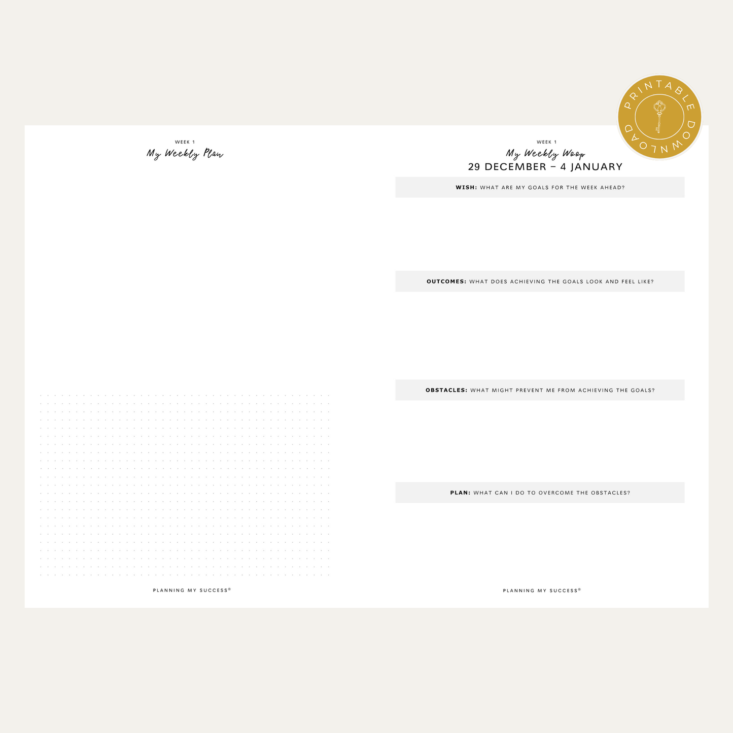 PRINTABLE Planning my Success in 2026 - Inserts Pack (Day on One Page)