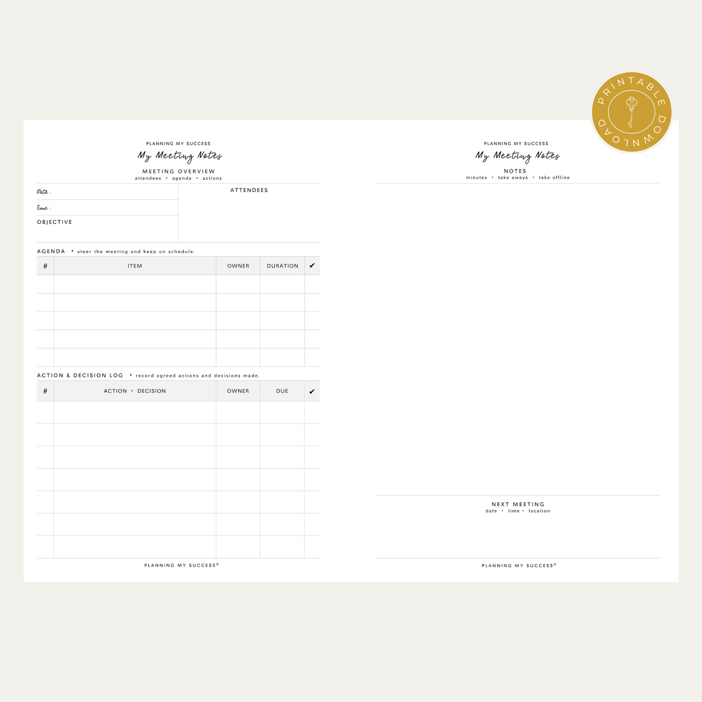 PRINTABLE Planning my Success -  Undated Inserts Pack (Day on One Page)