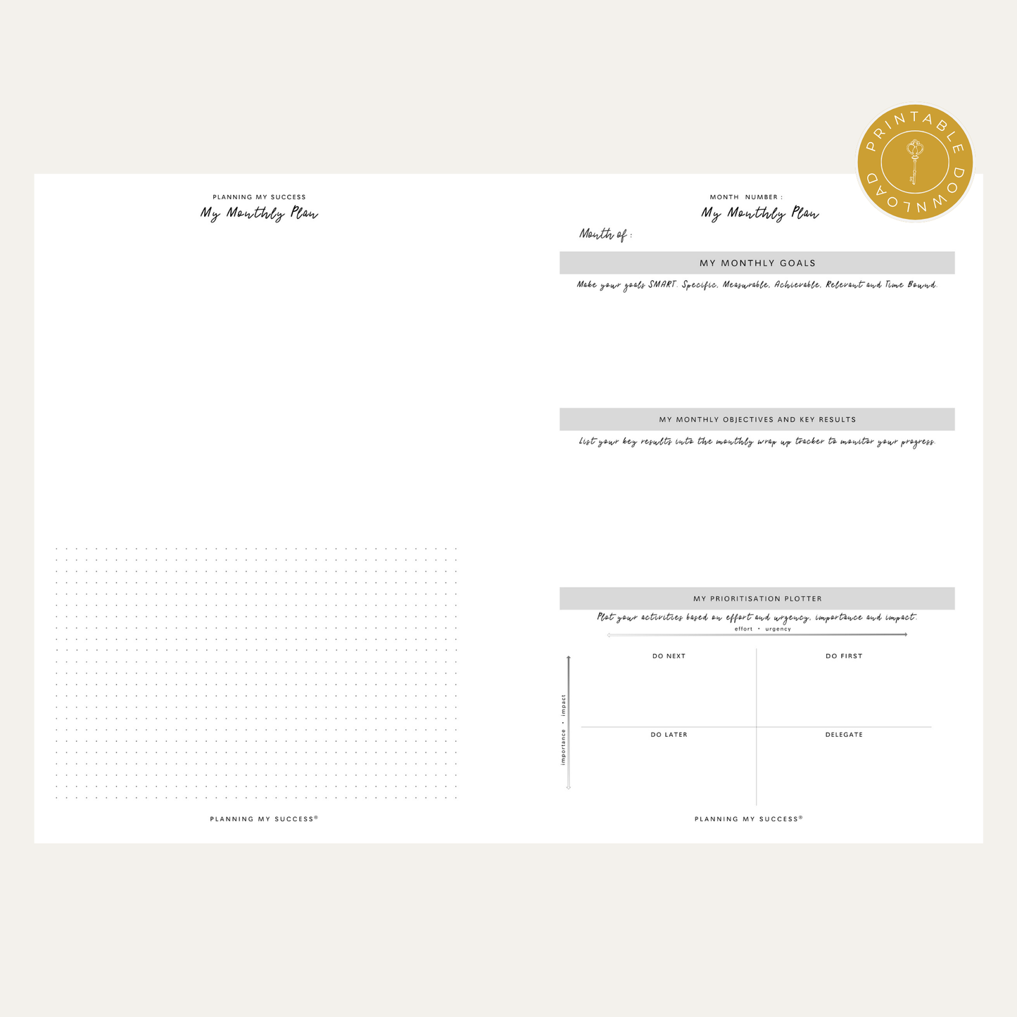 PRINTABLE Planning my Success -  Undated Inserts Pack (Day on One Page)