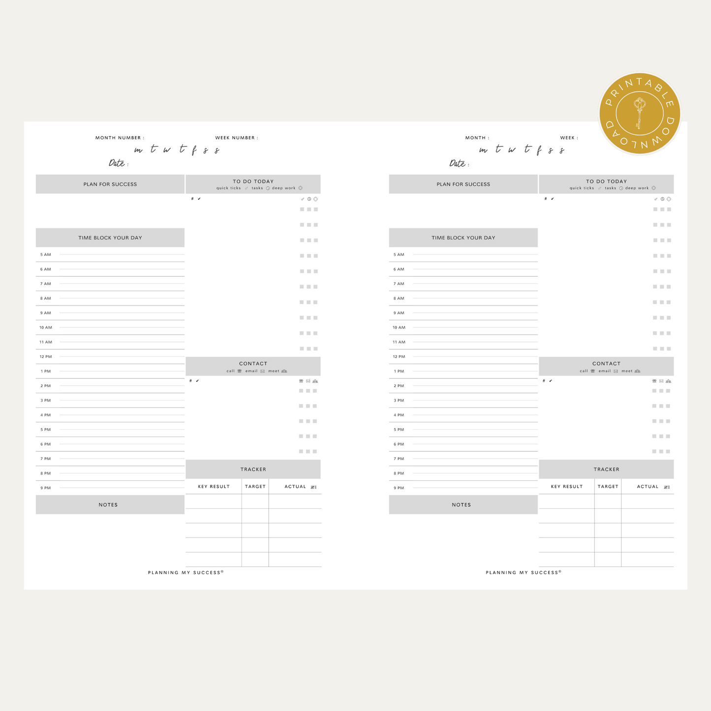 PRINTABLE Planning my Success -  Undated Inserts Pack (Day on One Page)