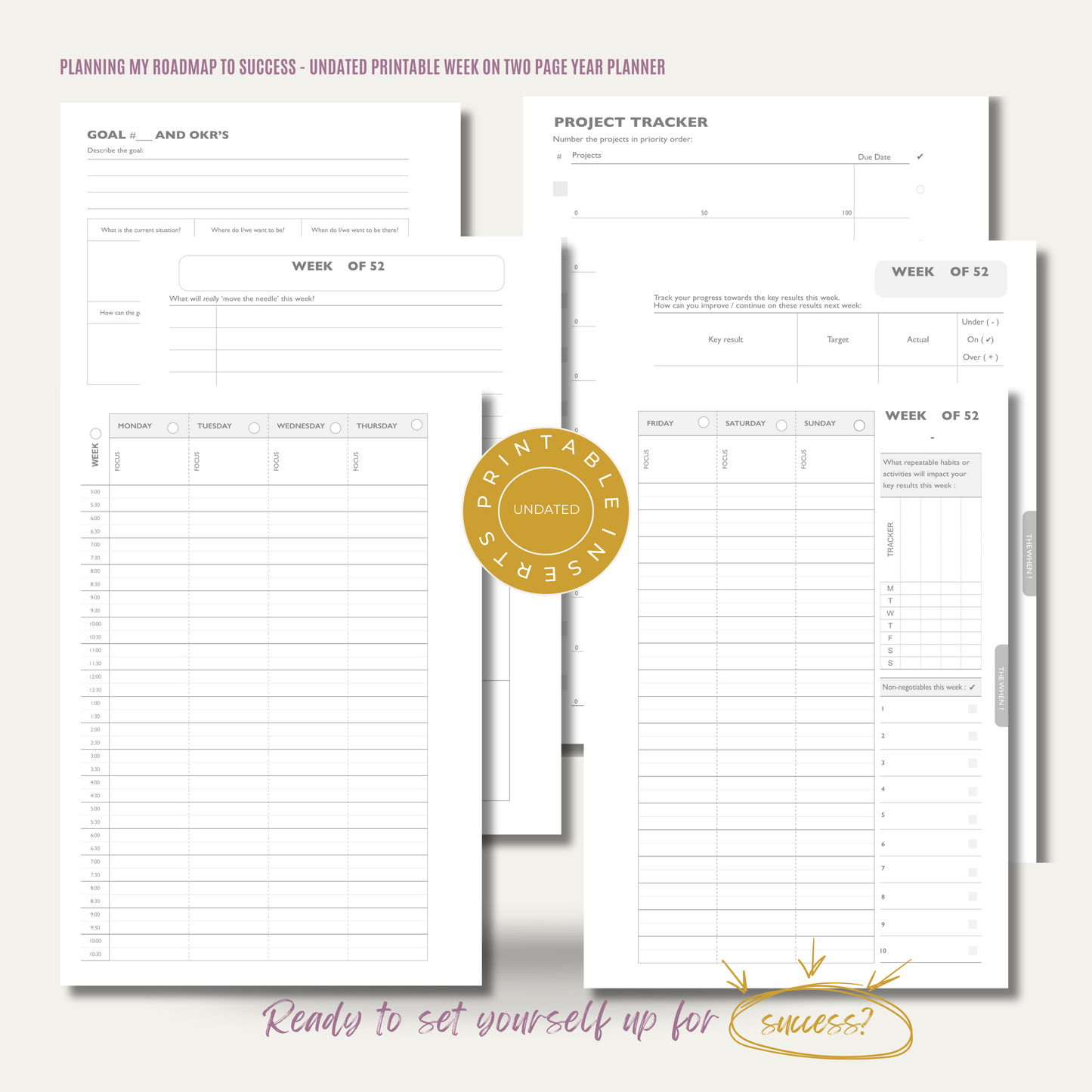 Planning my Roadmap to Success - Undated Printable Inserts Pack (Week on Two Page Year Planner)