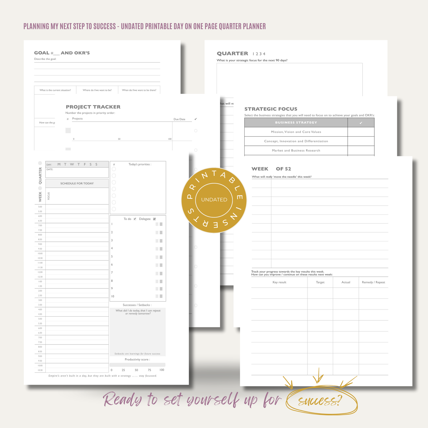 Planning my Next Step to Success - Undated Printable Inserts Pack (Day on Two Page Quarter Planner)