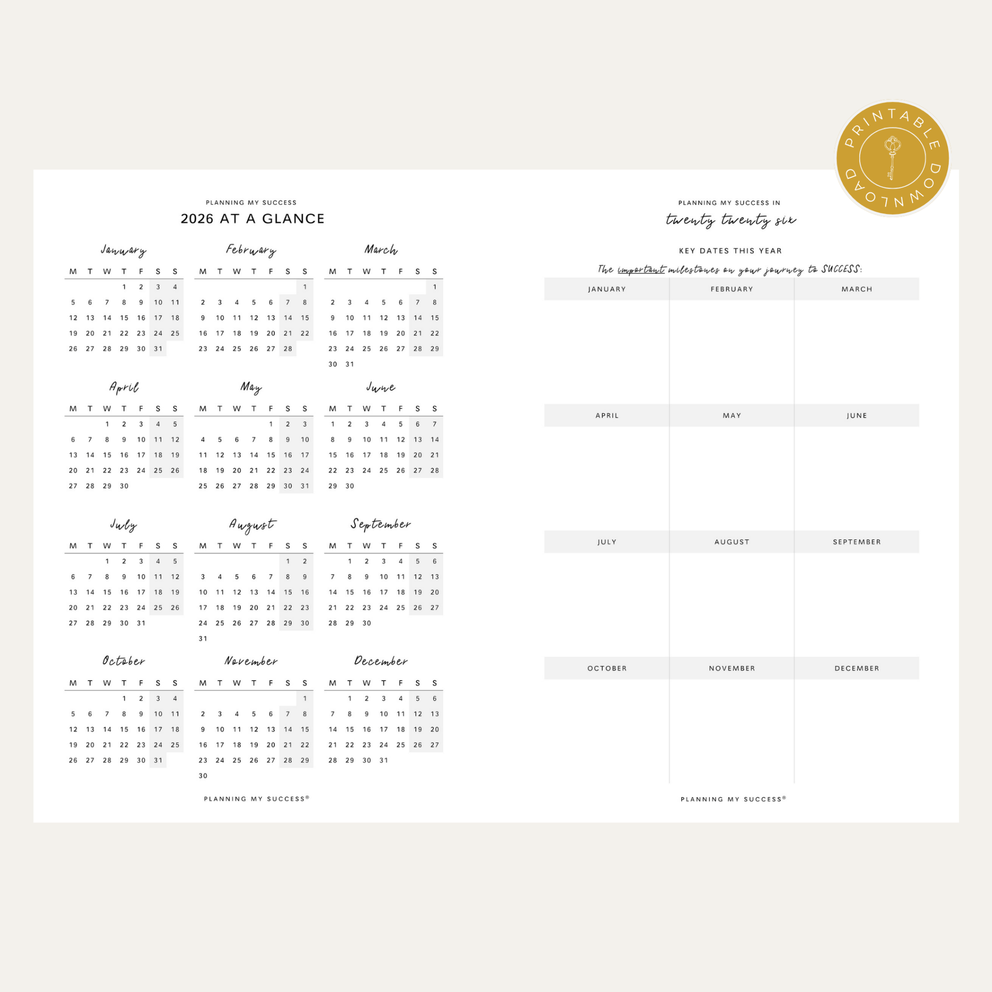 PRINTABLE Planning my Success in 2026 - Inserts Pack (Day on One Page Full Year Planner) - DETAILS BY EMMA