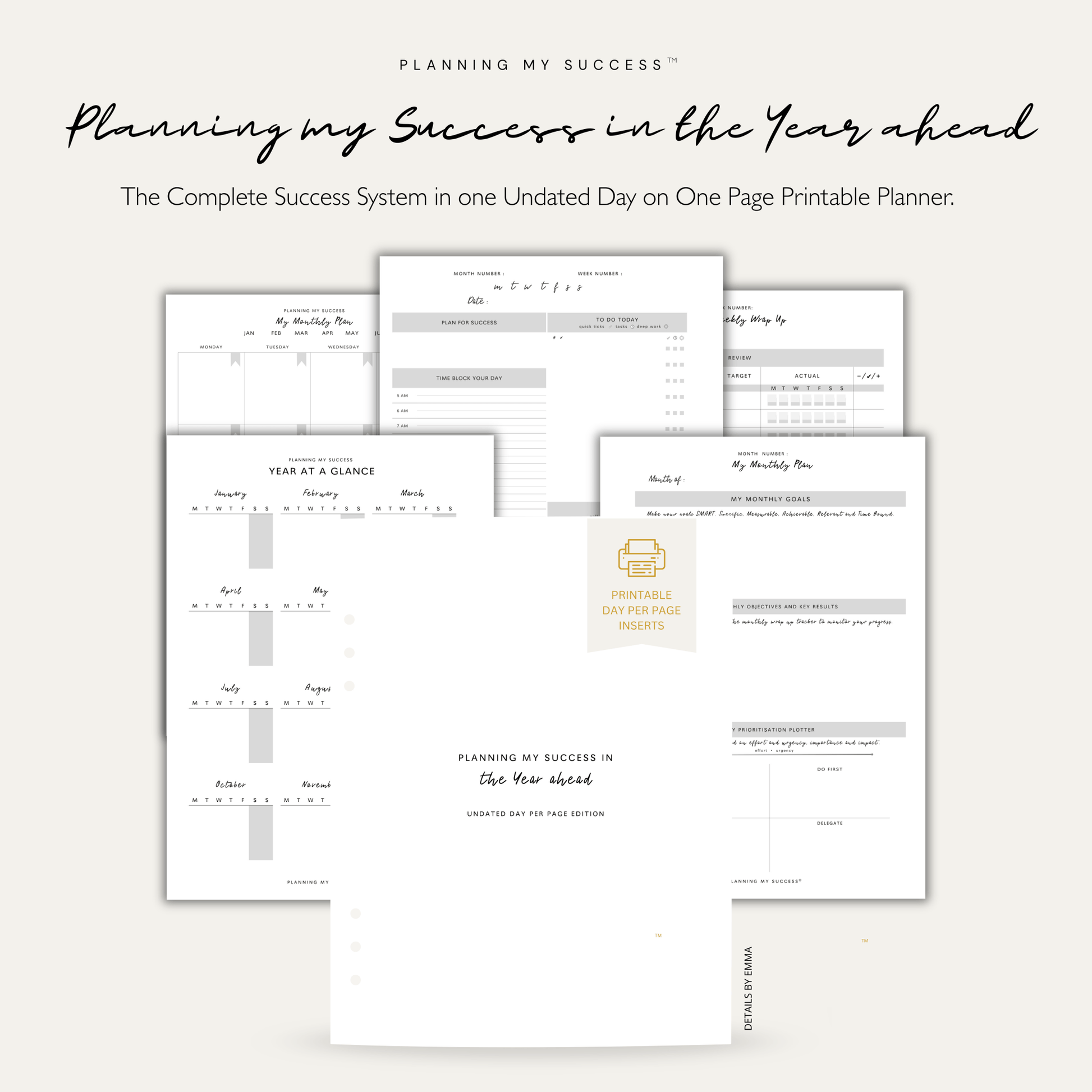 PRINTABLE Planning my Success - Undated Inserts Pack (Day on One Page) - DETAILS BY EMMA
