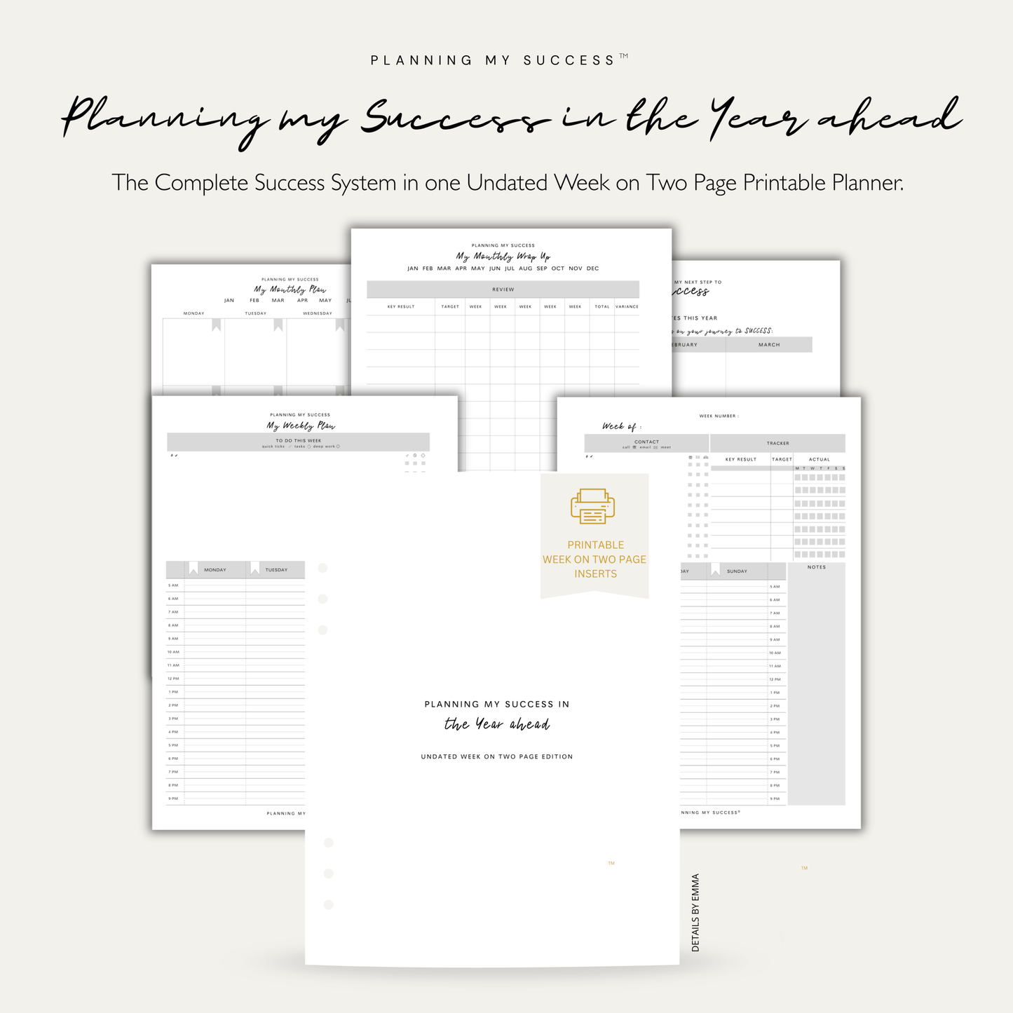 PRINTABLE Planning my Success - Undated Inserts Pack (Week on Two Page) - DETAILS BY EMMA